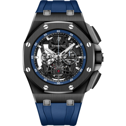 Royal Oak Offshore Tourbillon Chronograph 44MM Blue Rubber Strap Sapphire Dial Black Ceramic Case