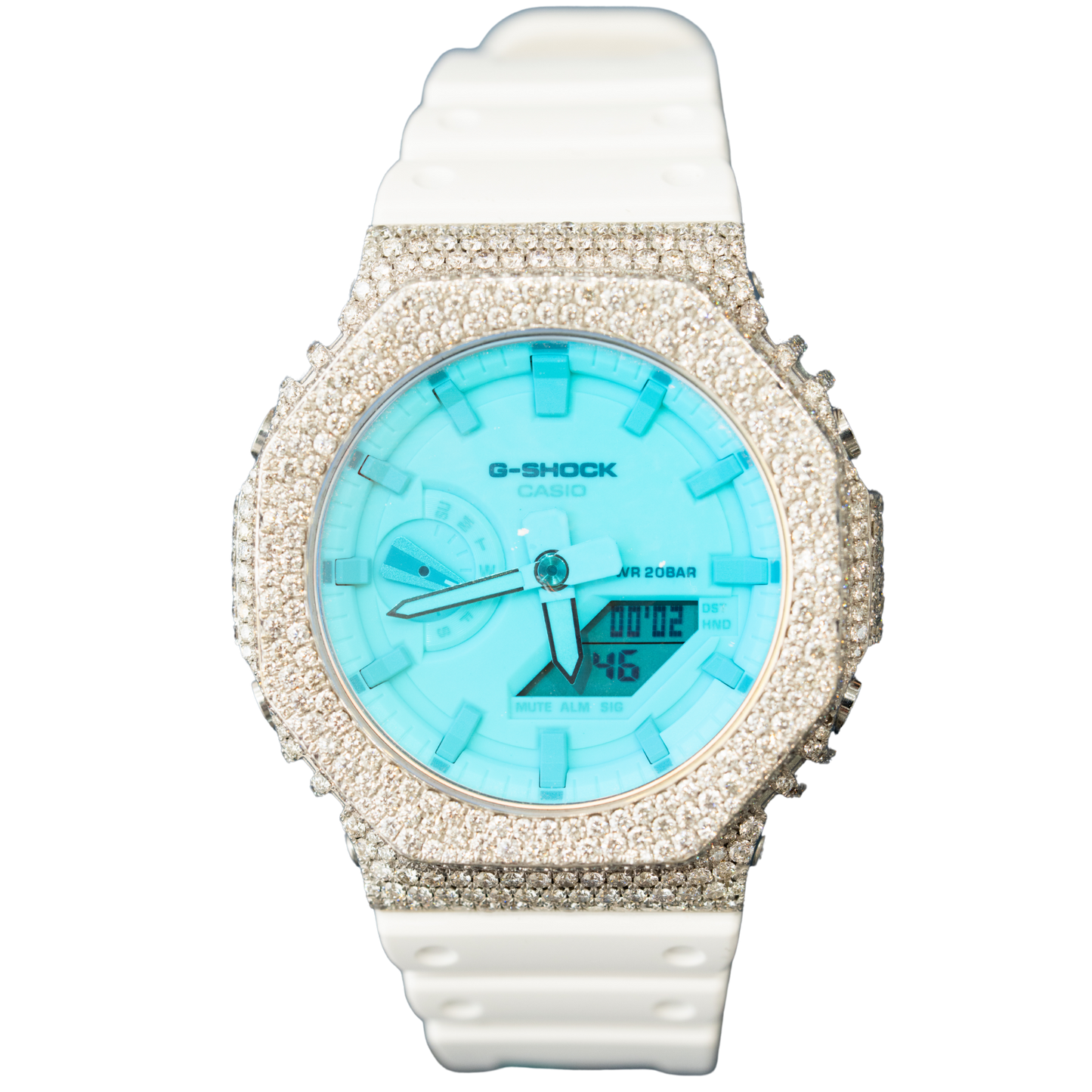 Casio Iced out G Shock Analog (White Gold with Tiffany Blue Dial and White Strap)