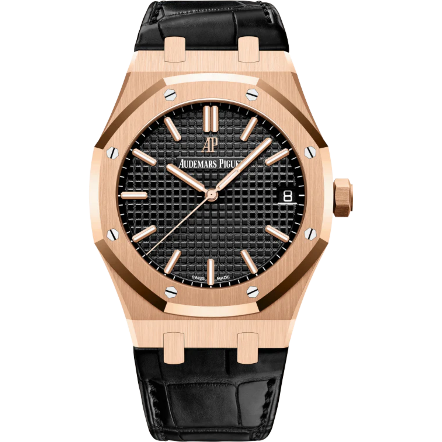 Royal Oak Selfwinding 41MM Black Alligator Strap Black Dial With Grande Tapisserie Pattern 18-Carat Pink Gold Case