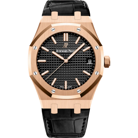 Royal Oak Selfwinding 41MM Black Alligator Strap Black Dial With Grande Tapisserie Pattern 18-Carat Pink Gold Case