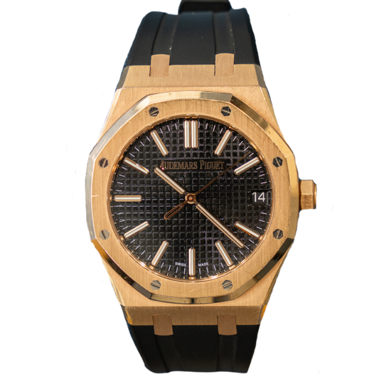Audemars Piguet Ref. 15300OR.OO.D002CR.01 39MM Rose Gold Black Dial Royal Oak on Leather