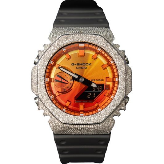 Casio Iced out G Shock Analog White gold with Orange Dial