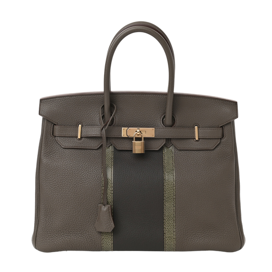 Hermes Birkin Club 30 Gris Fonce Lizard, Etain & Graphite Clemence Leather