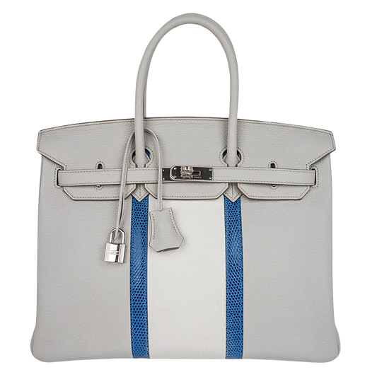 Hermes Birkin Club 35 Mykonos Lizard, Gris Perle & White Clemence Leather