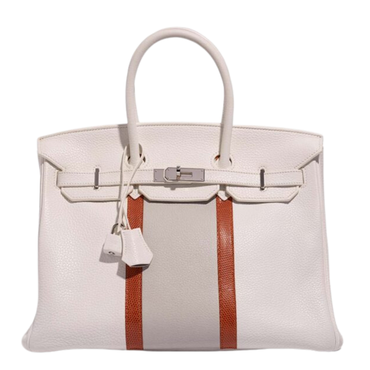 Hermes Birkin Club 30 Sanguine Lizard, White & Gris Perle Clemence Leather