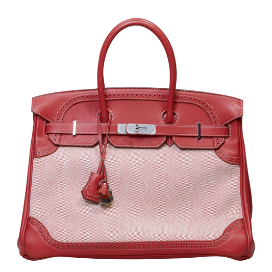 Hermes Birkin 35 Ghillies Toile & Sanguine Swift Ghillies Leather
