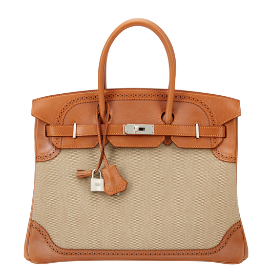 Hermes Birkin 35 Ghillies Toile & Natural Barenia Ghillies Leather