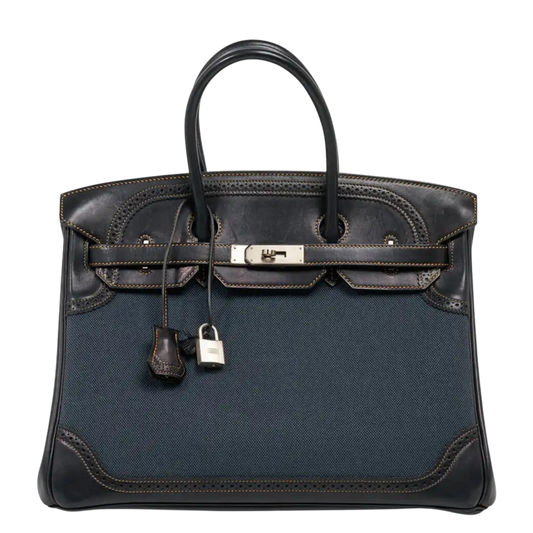 Hermes Birkin 35 Ghillies Toile Jean & Noir Evercalf Ghillies Leather