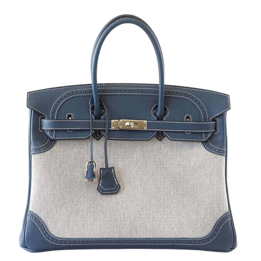 Hermes Birkin 35 Ghillies Toile & Bleu de Prusse Swift Ghillies Leather