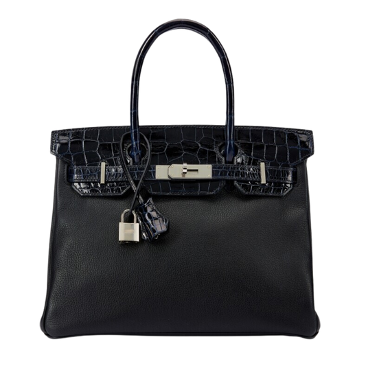 Hermes Birkin 30 Touch Bleu Marine Matte Alligator & Noir Taurillion Novillo Leather