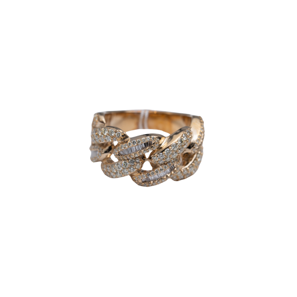 10k Yellow Gold Cuban Link Half Pave Ring - Round & Traps - 14.01 grams - 1.67 cts - Size: 9