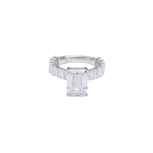 14k White Gold Emerald Cut LAB Diamond Ring 3/4 Pave - 5.9 grams - 5.08 Emerald Center Stone - 3.23 side emearald side stones - size: 7 (Cert Report: LG584361064)