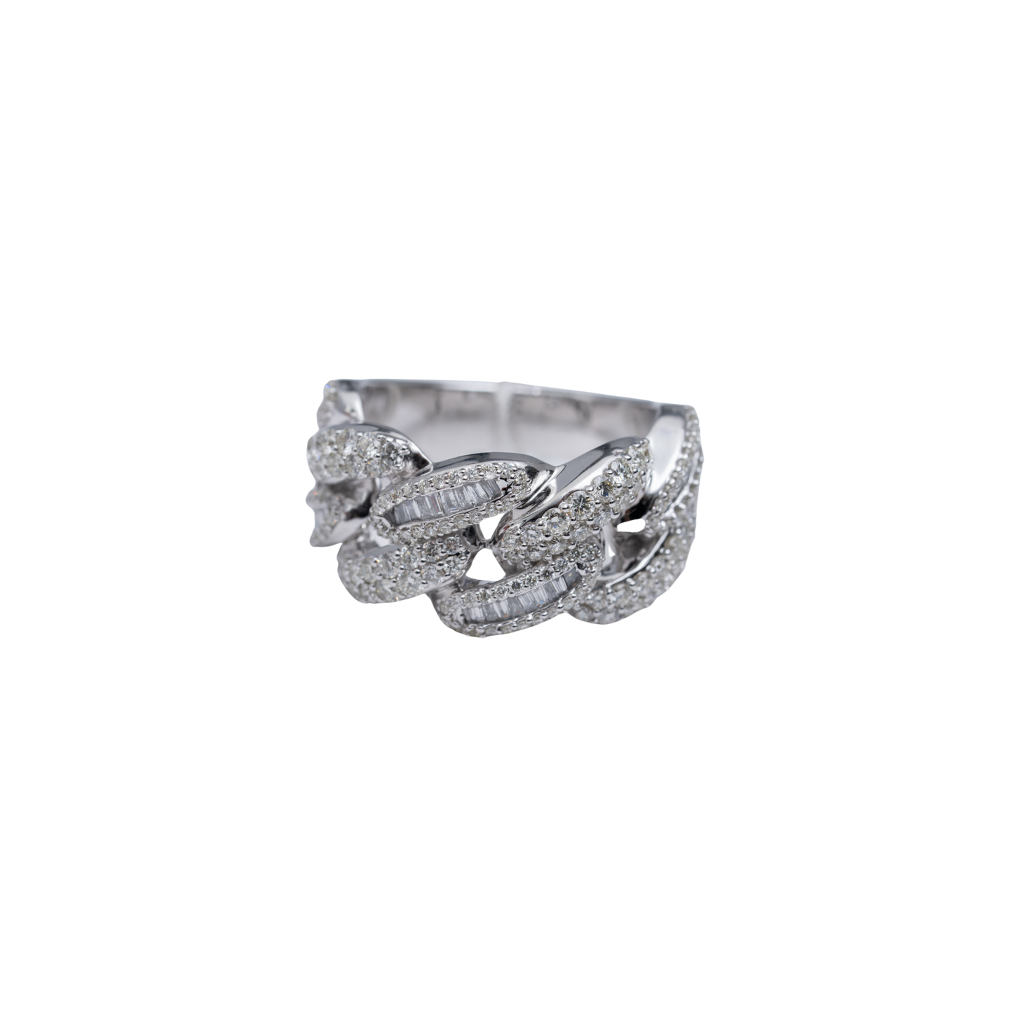 10k White Gold Cuban Link Half Pave Ring - Round & Traps - 14.65 grams - 1.59 cts - Size: 9