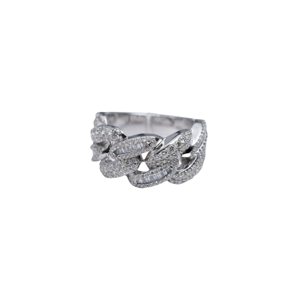 10k White Gold Cuban Link Half Pave Ring - Round & Traps - 14.65 grams - 1.59 cts - Size: 9