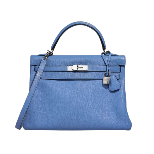 Hermes Kelly 32 Bleu Paradis Clemence Leather