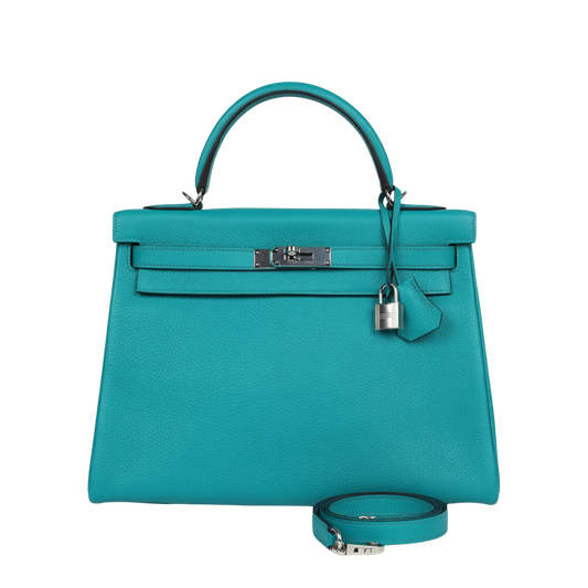 Hermes Kelly 32 Bleu Paon Clemence Leather