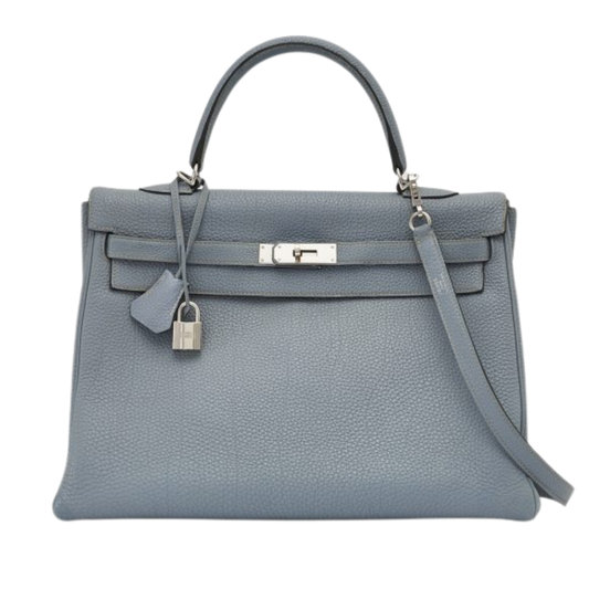 Hermes Kelly 35 Bleu Lin Clemence Leather