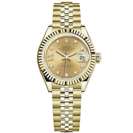 Lady-DateJust 28mm Jubilee Bracelet and 18 KT Yellow Gold with Champagne-Colour Dial Diamond-Set Dial Fluted Bezel