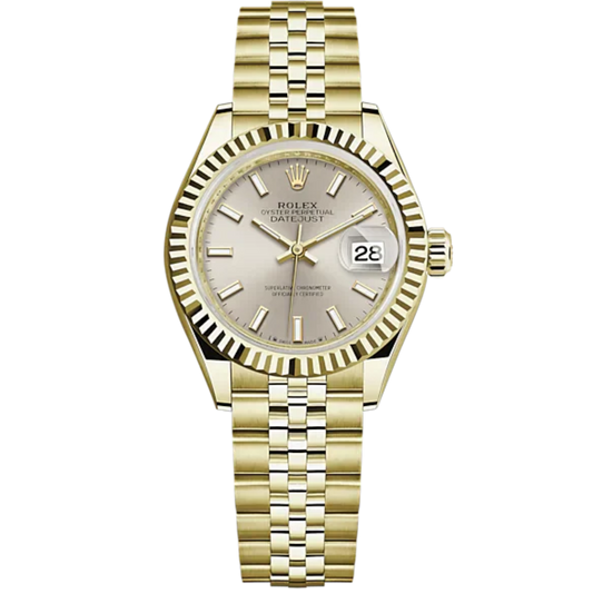Lady-DateJust 28mm Jubilee Bracelet and 18 KT Yellow Gold with Silver Dial Fluted Bezel