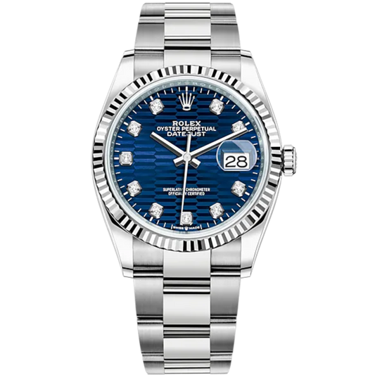 Rolex Datejust 36mm Oystersteel and White Gold on Oyster Blue Fluted-Motif Diamond-set Dial Fluted Bezel