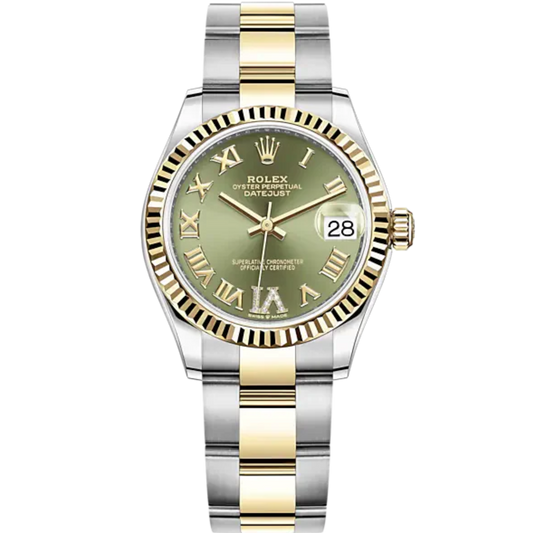 Datejust 31 31mm Oyster Bracelet Oystersteel and Yellow Gold with Olive-Green Diamond Dial Fluted Bezel