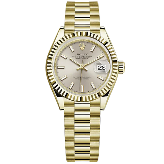 Lady-DateJust 28mm President Bracelet and 18 KT Yellow Gold with Silver Dial Fluted Bezel