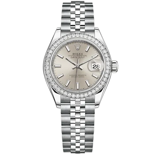 Lady-DateJust 28mm Oystersteel Jubilee Bracelet and White Gold with Silver Dial Diamond-Set Bezel
