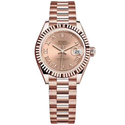 Lady-DateJust 28mm President Bracelet and 18 KT Everose Gold with Rosé-Colour Dial Fluted Bezel