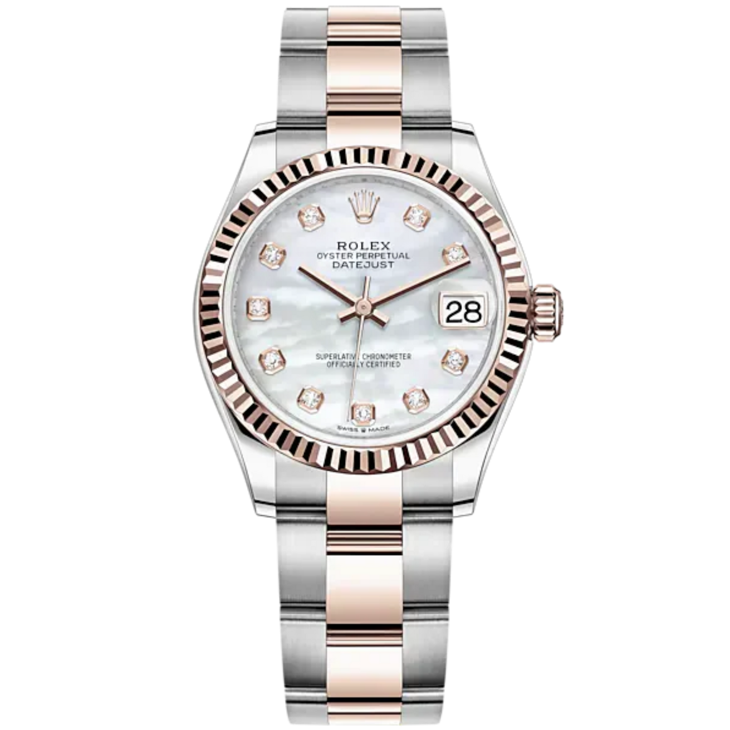 Datejust 31 31mm Oyster Bracelet Oystersteel and Everose Gold with White Mother-Of-Pearl Diamond-Set Dial Fluted Bezel