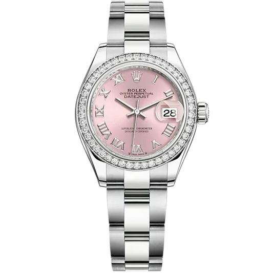 Lady-DateJust 28mm Oyster Oystersteel Bracelet and White Gold with Pink Dial Diamond-Set Bezel