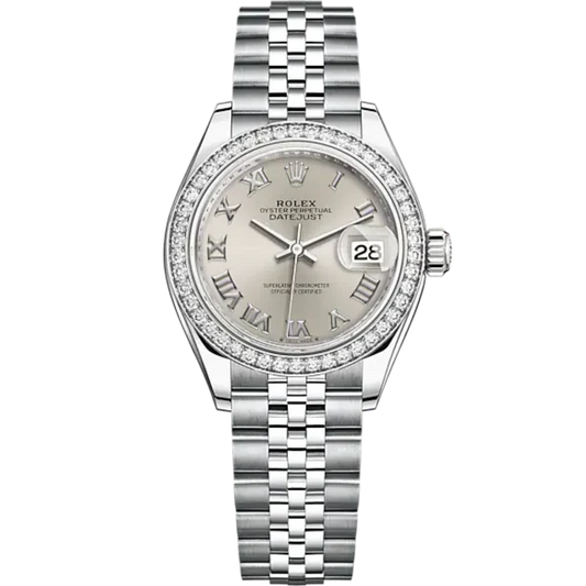 Lady-DateJust 28mm Oystersteel Jubilee Bracelet and White Gold with Silver Dial Diamond-Set Bezel