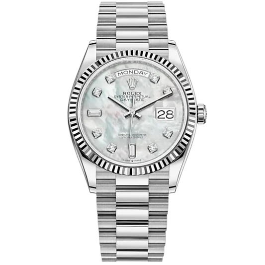 Day-Date 36 36mm President Bracelet and 18 KT White Gold with White Mother-of-Pearl Dial Diamond-Set Dial and Fluted Bezel