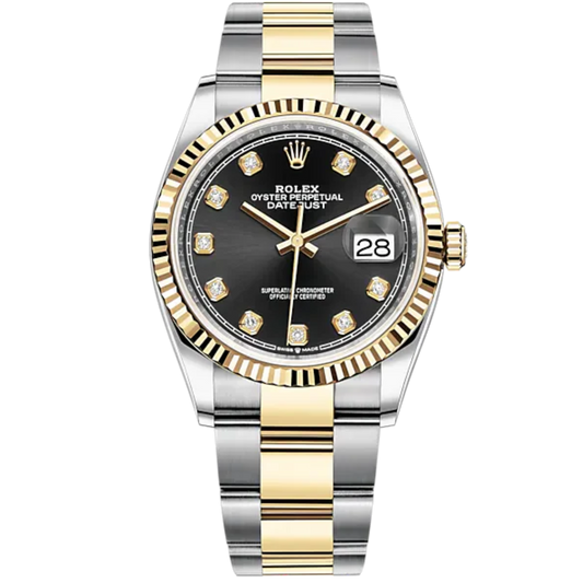 Datejust 36 36mm Oyster Bracelet Oystersteel and Yellow Gold with Bright Black Diamond-Set Dial Fluted Bezel