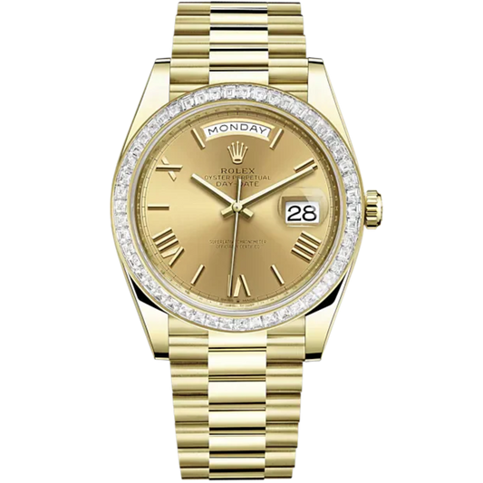 Day-Date 40 40mm President Bracelet and 18 KT Yellow Gold with Champagne-Colour Roman Dial and Diamond-Set Bezel