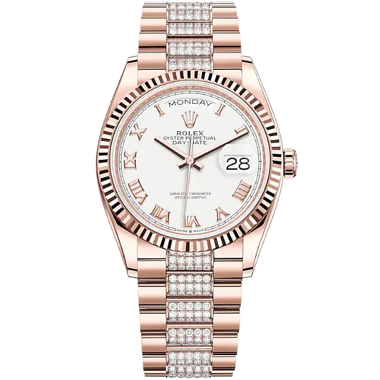 Day-Date 36 36mm President Bracelet and 18 KT Everose Gold with White Dial Fluted Bezel and Diamond-Set President Bracelet