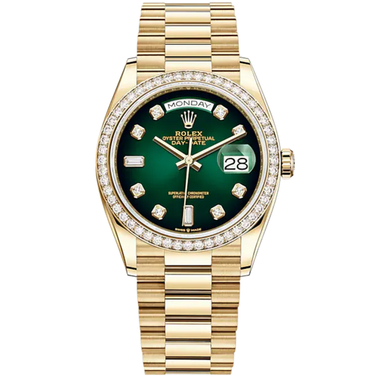 Rolex Day-Date Ref. 128348RBR 36mm Yellow Gold with Green Ombré Diamond-Set Dial and Diamond-Set Bezel
