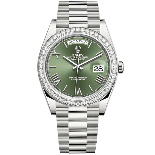 Rolex Day-Date Ref. 228349RBR  40mm White Gold Day Date Olive Green Dial with Factory Set Diamond Bezel