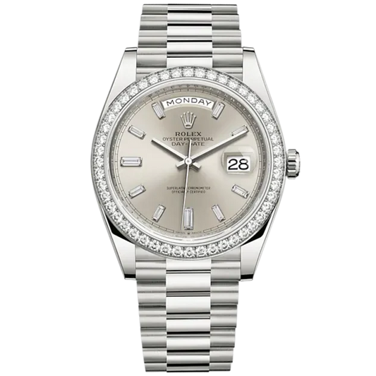 Rolex Day-date Ref. 228349RBR Silver Baguette Dial Round Diamond Bezel