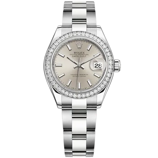 Lady-DateJust 28mm Oyster Oystersteel Bracelet and White Gold with Silver Dial Diamond-Set Bezel