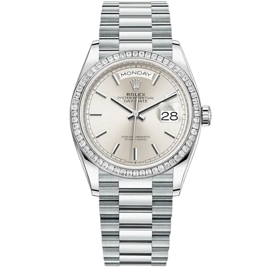 Day-Date 36 36mm Oyster President Bracelet and 18 KT White Gold with Silver Dial Diamond-Set Bezel