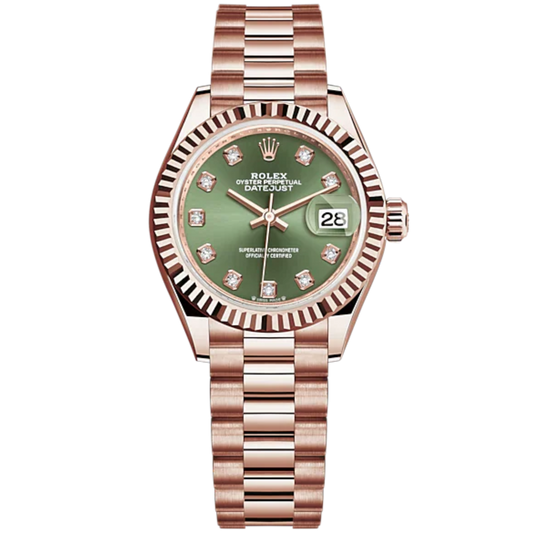 Lady-DateJust 28mm President Bracelet and 18 KT Everose Gold with Olive-Green Dial Diamond-Set Dial and Fluted Bezel