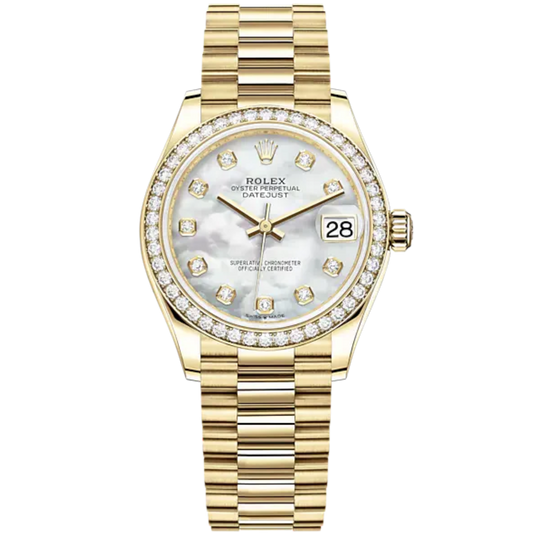 Datejust 31 31mm President Bracelet and 18 CT Yellow Gold with White Mother-Of-Pearl Dial Diamond-Set Bezel