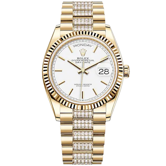 Day-Date 36 36mm Diamond-Set President Bracelet and 18 KT Yellow Gold with White Dial Fluted Bezel