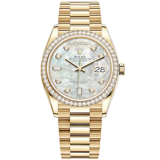 Day-Date 36 36mm President Bracelet and 18 KT Yellow Gold with White Mother-of-Pearl Diamond-Set Dial Diamond-Set Bezel