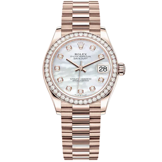 Datejust 31 31mm President Bracelet and 18 CT Everose Gold with White Mother-Of-Pearl Dial Diamond-Set Bezel
