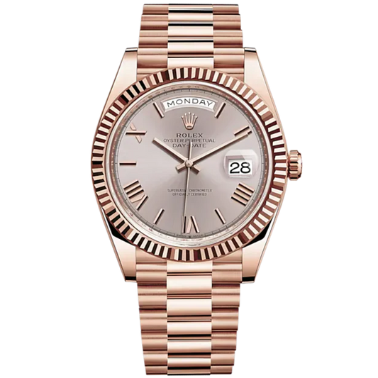 Rolex Day-Date Ref. 228235 40mm Everose Gold with Sundust Roman Dial Fluted Bezel