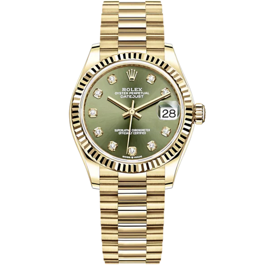 Datejust 31 31mm President Bracelet and 18 CT Yellow Gold with Olive-Green Diamond-Set Dial Fluted Bezel