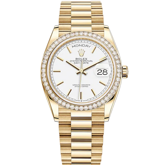 Day-Date 36 36mm President Bracelet and 18 KT Yellow Gold with White Dial Diamond-Set Bezel