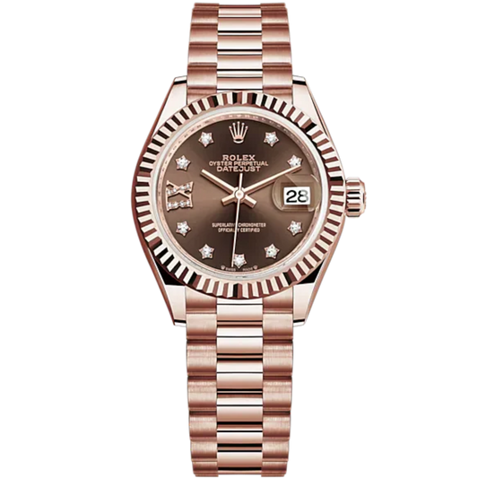Lady-DateJust 28mm President Bracelet and 18 KT Everose Gold with Chocolate Dial Diamond-Set Dial and Fluted Bezel