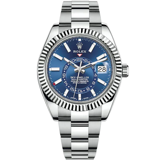 Sky-Dweller 42mm Oyster Bracelet Oystersteel and White Gold with Bright Blue Dial Fluted Bezel